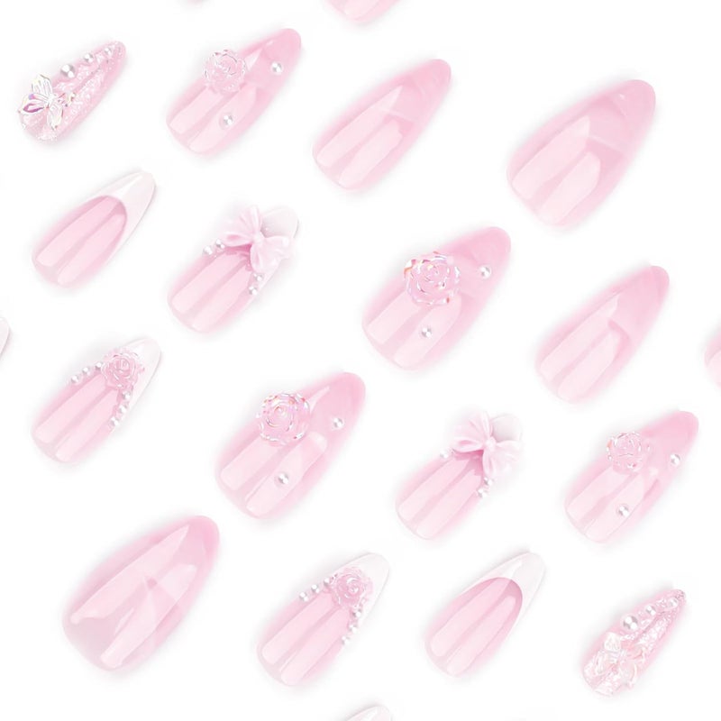 ASABITE 24 Pcs White French Tip Press on Nails Almond Medium Fake Nails with Glue Cute Pink False Nails with 3D Flower Bow Design Handmade Nails Glossy Holiday Glue on Nails Reusable Stick on Nails for Women - Image 3